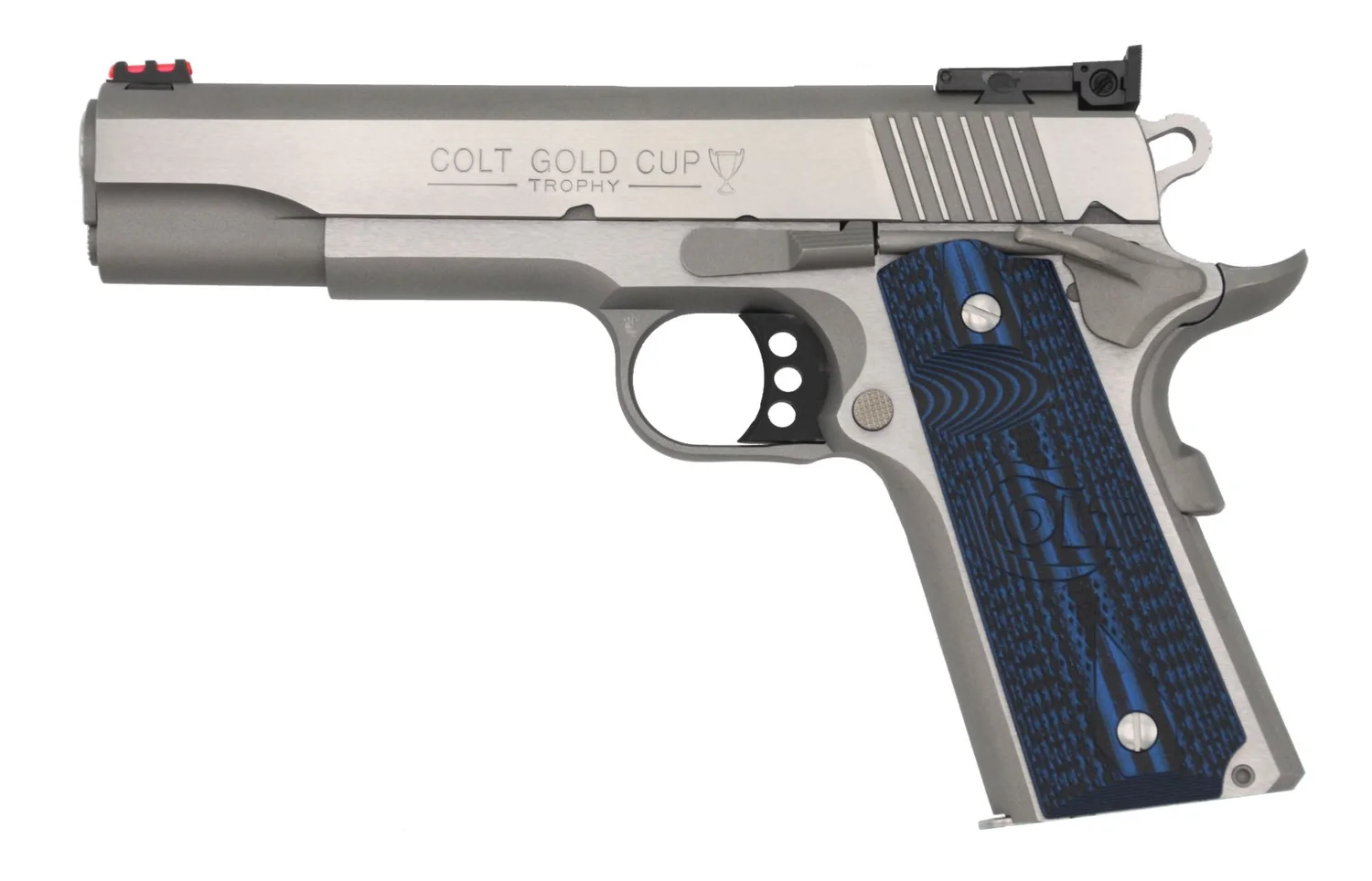 Colt Gold Cup Lite O5073GCL in .38 Super, stainless with blue G10 grips; its slide is stamped Gold Cup Trophy, Colt studio photo