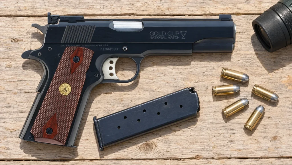 Right side of a blued Colt Gold Cup National Match 1911 with rosewood grips, lying on a wooden shooting bench beside a spare magazine, .45 ACP cartridges and a spotting scope