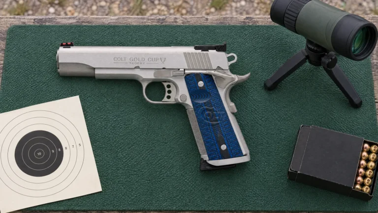 Stainless Colt Gold Cup Trophy 1911 with blue G10 grips, fiber optic front sight and extended magwell lying on a shooting mat beside a bullseye target and spotting scope