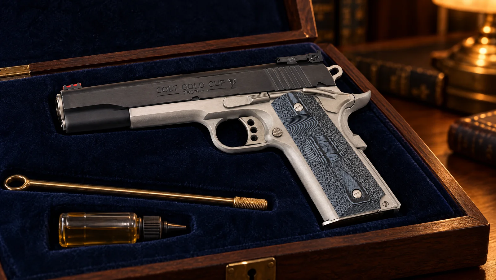 Two-tone Colt Gold Cup Lite with black slide and stainless frame lying in a walnut pistol case lined with navy velvet