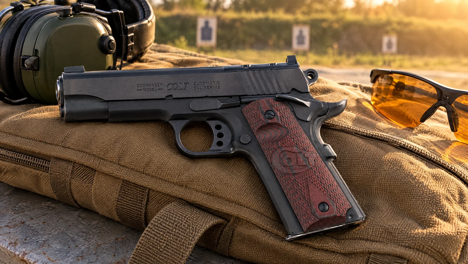 Colt Optics-Ready Lightweight Commander .45 with optics cover plate lying on a canvas range bag with earmuffs and shooting glasses at golden hour