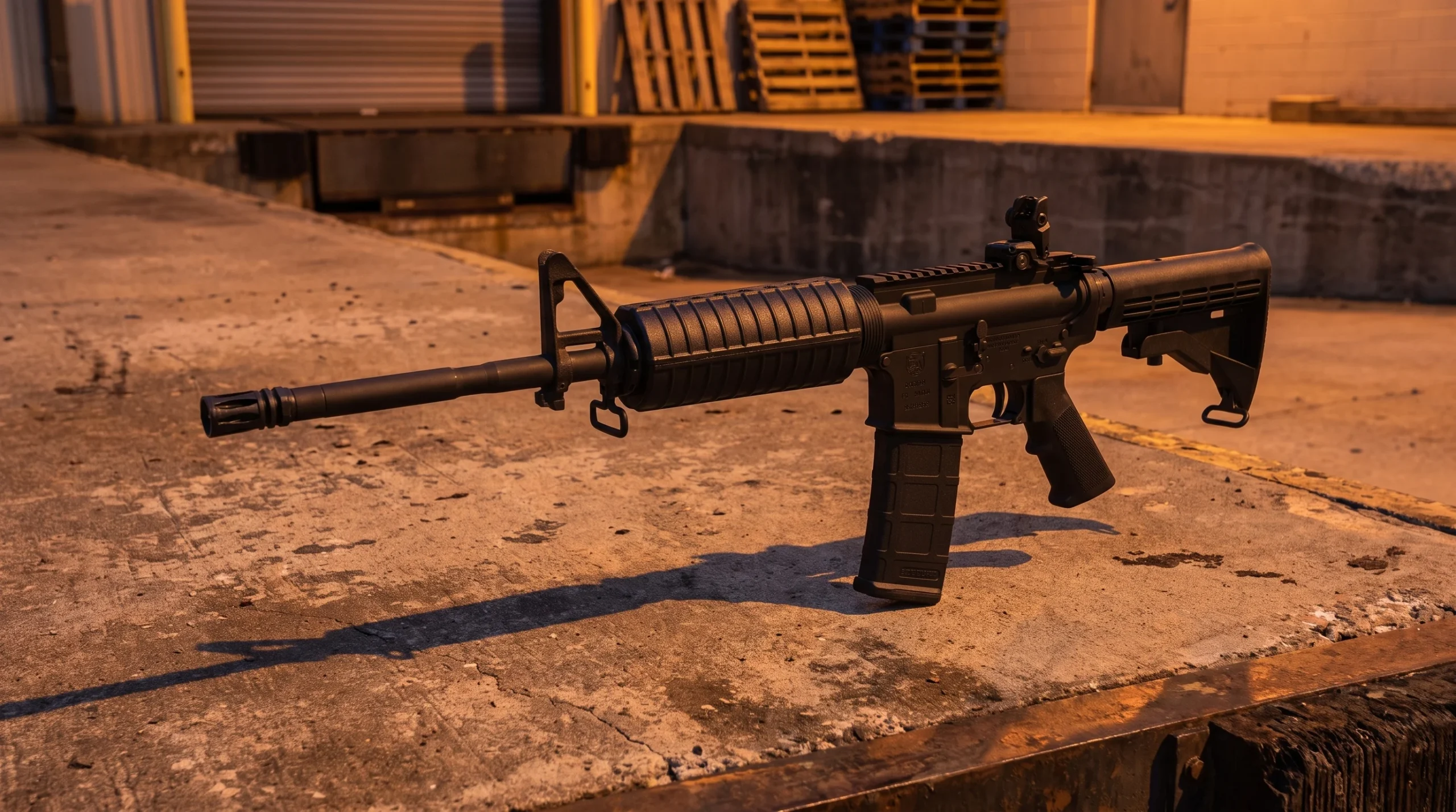 Colt 6920 M4 carbine on a concrete loading dock at dusk under sodium orange lights