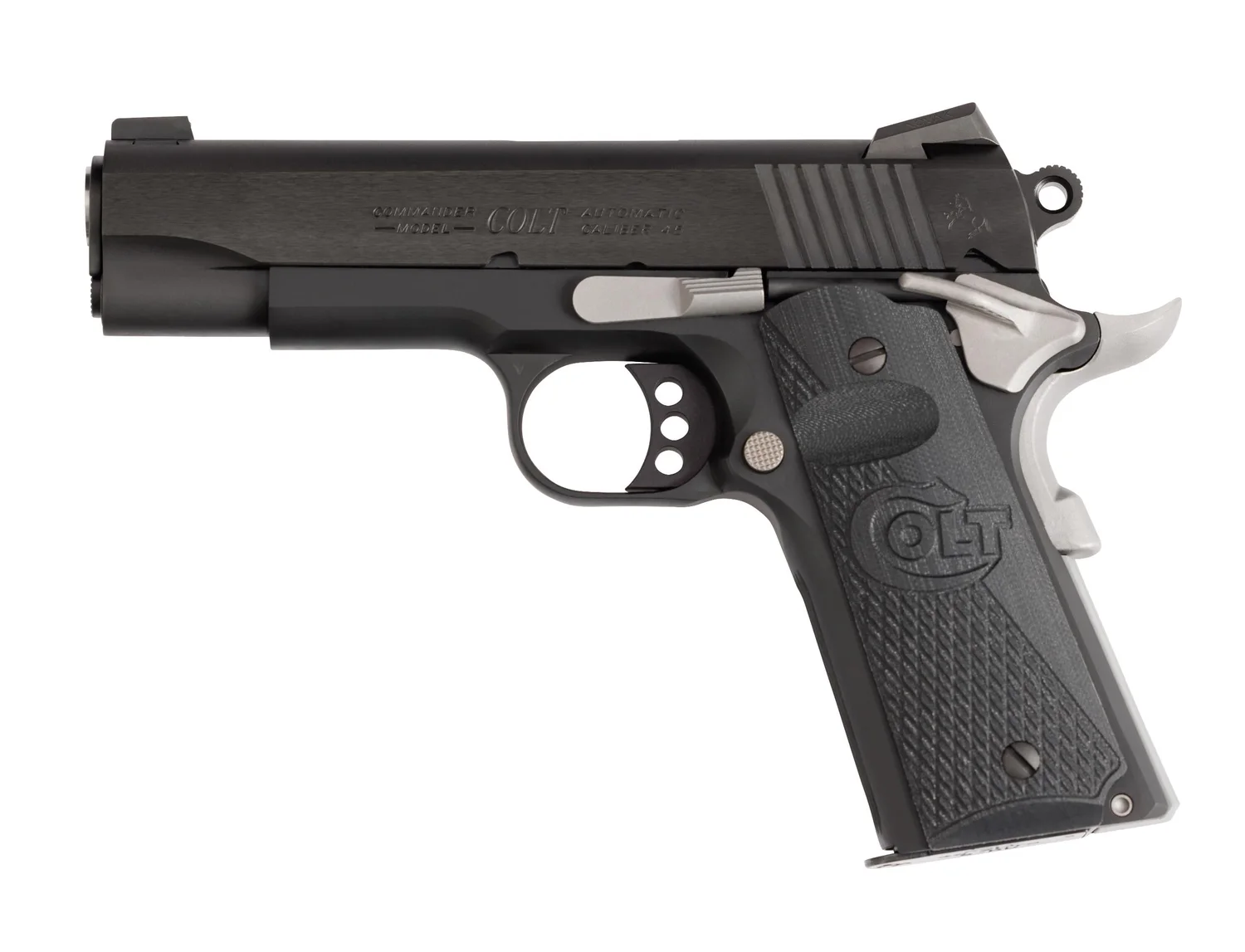 Colt Night Commander O4840NC .45 ACP 1911 with black Cerakote finish and black G10 grips, left side, Colt studio photo