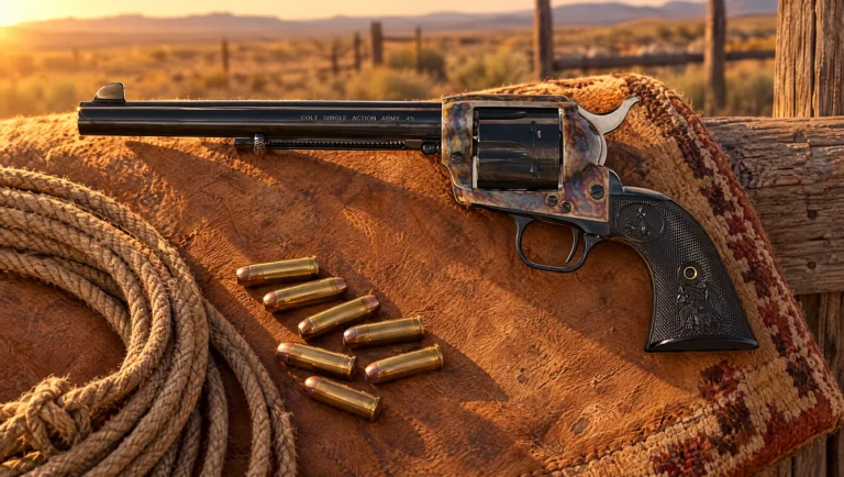 Colt Single Action Army revolver with a 7.5 inch blued barrel, color case hardened frame and black checkered grips lying on a leather saddle blanket over a ranch fence rail at golden hour beside seven .45 Colt cartridges and a coiled rope