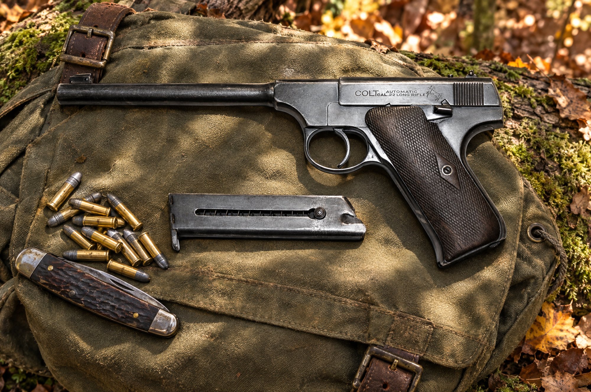 Early Colt Woodsman .22 pistol and magazine lying on a canvas daypack with .22 cartridges and a pocket knife in autumn woods