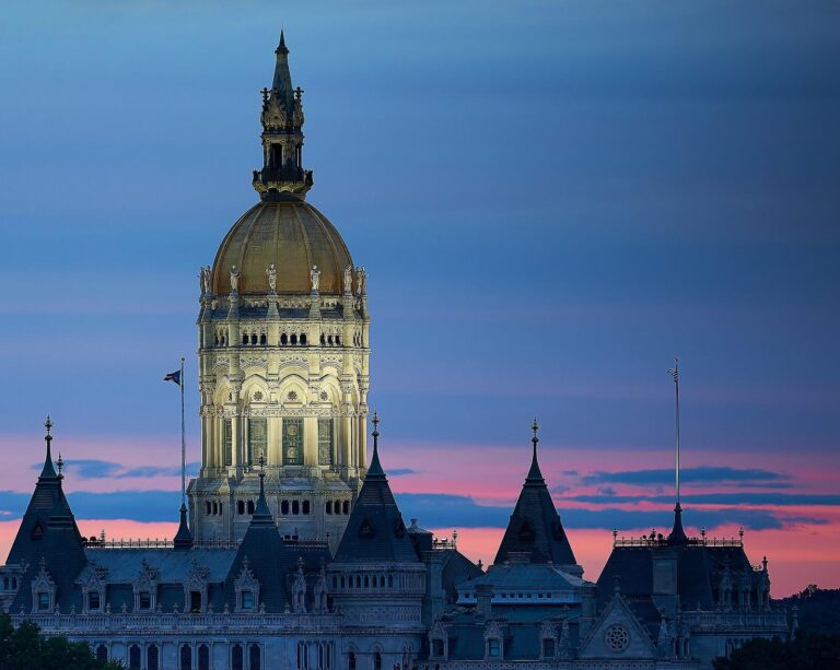 Connecticut State Capitol dome in Hartford at sunset, where the convertible pistol ban now blocked in court was passed