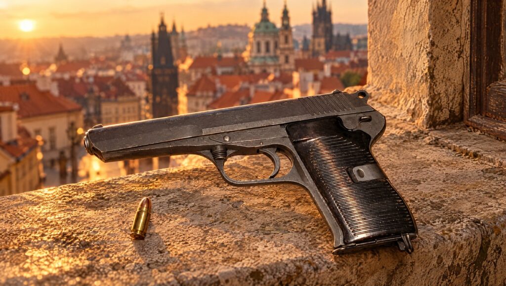 Czechoslovak CZ-52 surplus pistol on a stone windowsill above Prague at golden hour