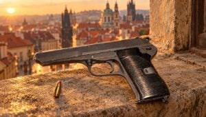 Czechoslovak CZ-52 surplus pistol on a stone windowsill above Prague at golden hour