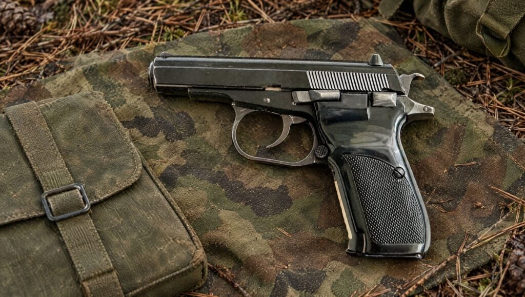 Czechoslovak CZ 82 surplus pistol on a camouflage tarp at a forest bivouac