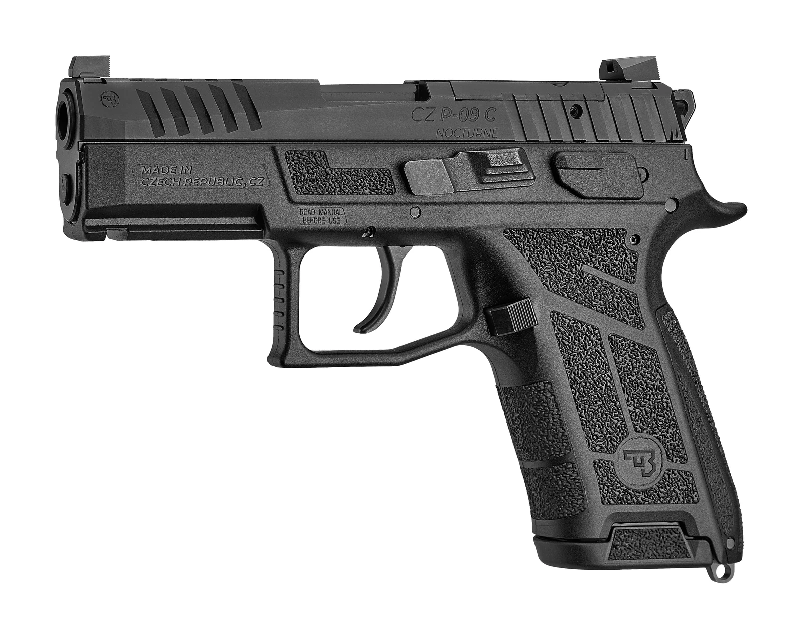 CZ P-09 C Nocturne compact 9mm pistol, right side profile