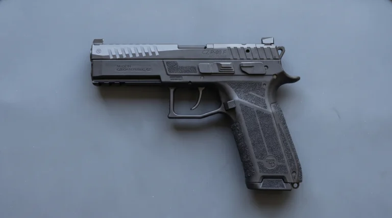CZ P-09 F Nocturne 9mm pistol lying on a gray shooting mat, seen from above