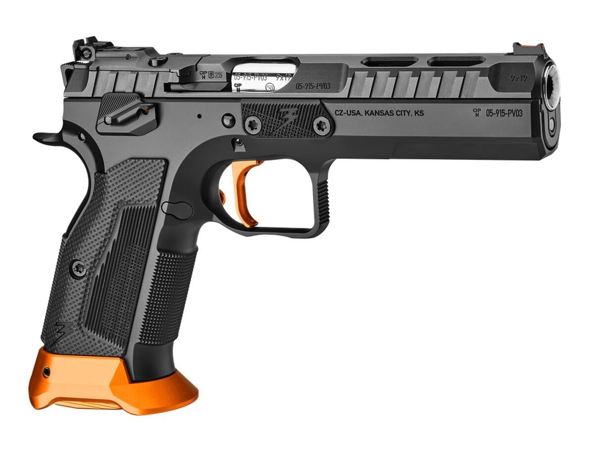 The CZ TS 3 Orange competition pistol in 9mm, with orange trigger and magwell