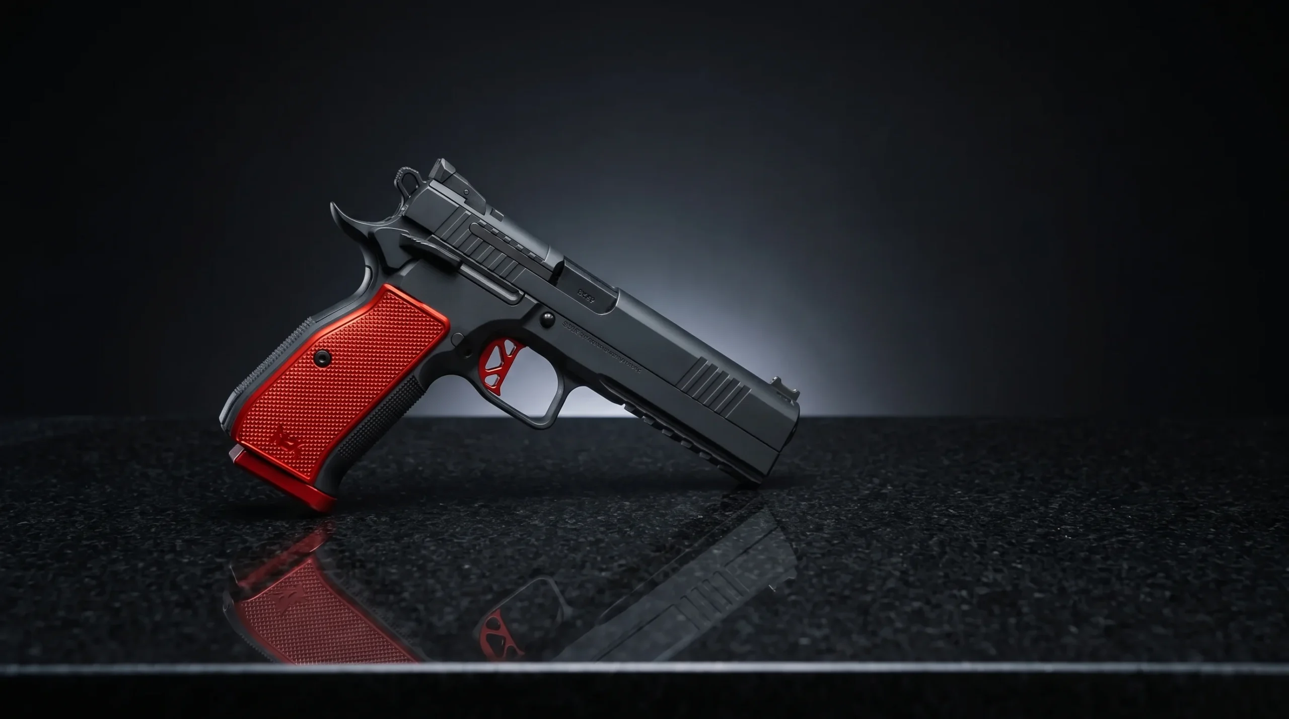 Dan Wesson DWX on a polished black granite surface in a dark studio with a soft white rim light