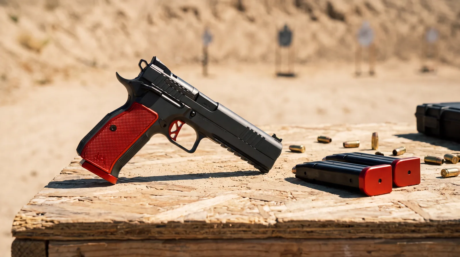 Dan Wesson DWX competition pistol with red aluminum grips on a plywood shooting bench in bright sun with spare magazines and 9mm brass