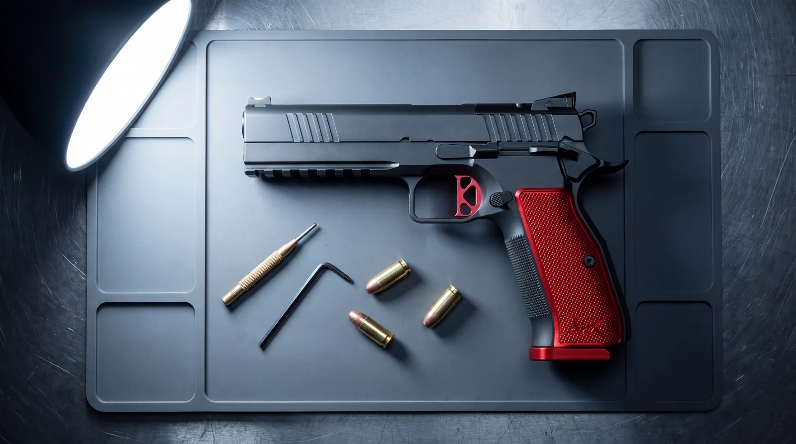 Dan Wesson DWX competition pistol photographed from overhead on a grey gunsmith mat under a single cool lamp with a brass punch and 9mm cartridges