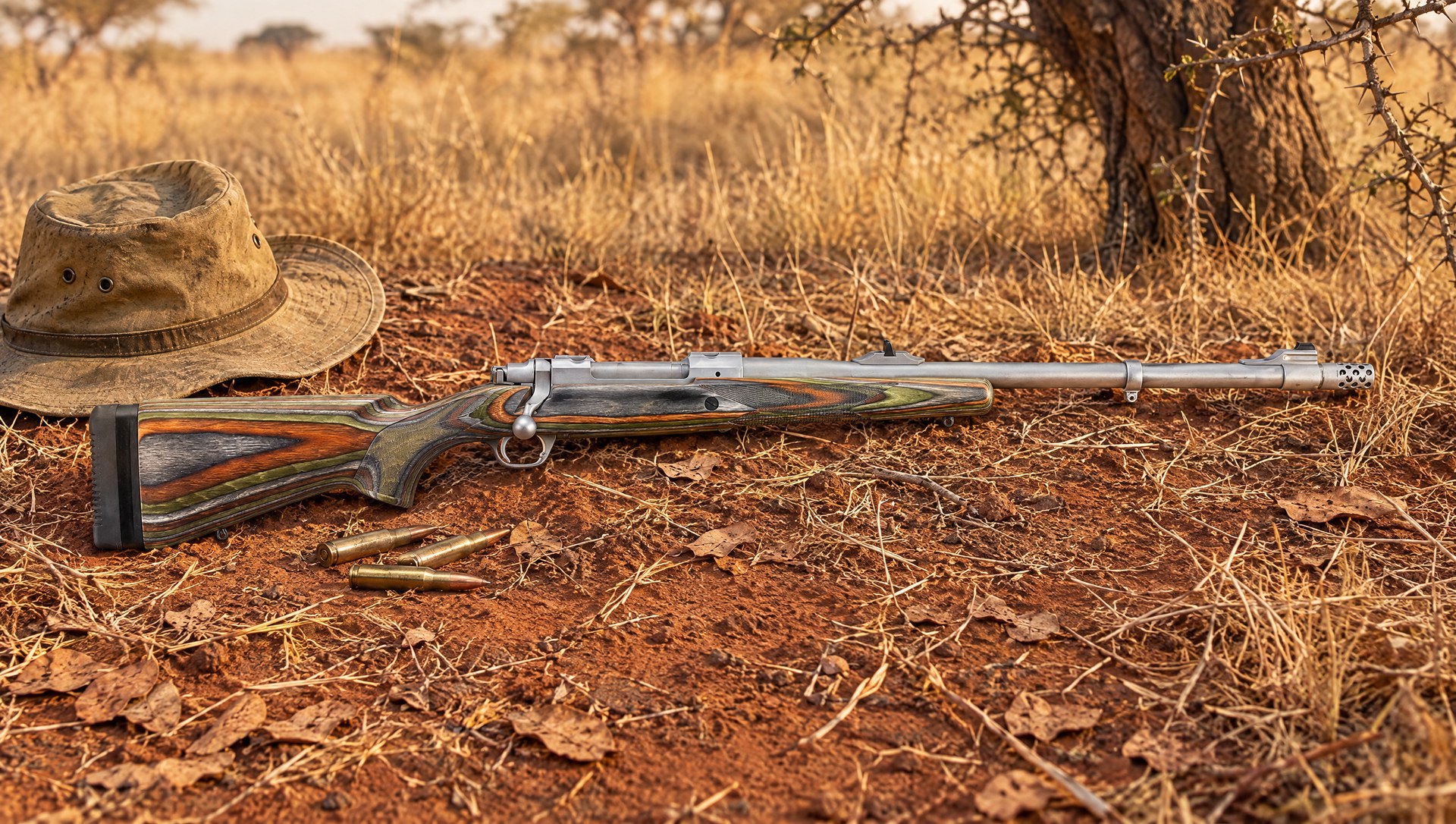 Ruger Hawkeye Guide Gun .375 Ruger with green mountain laminate stock lying on red African soil beside a safari hat and brass cartridges