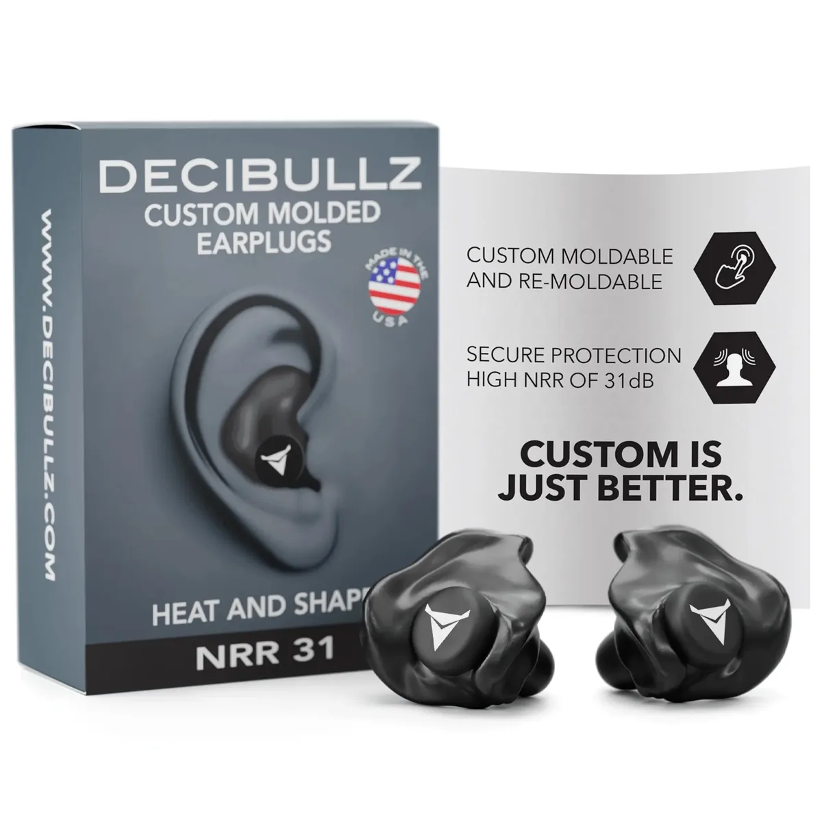 Decibullz custom molded earplugs in black, the thermoplastic earpiece with its foam tip, rated at an independently tested NRR of 31
