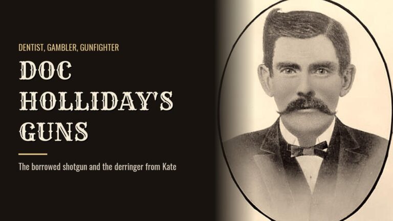 Early-1880s portrait of Doc Holliday with a mustache and bow tie, beside the headline Doc Holliday's Guns