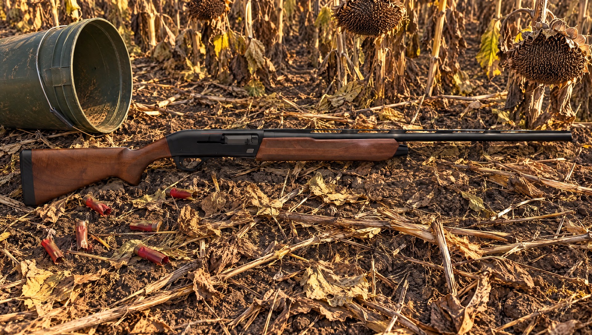 Winchester SX4 Field 12 gauge shotgun lying in a harvested sunflower field beside a bucket seat and empty shotgun hulls