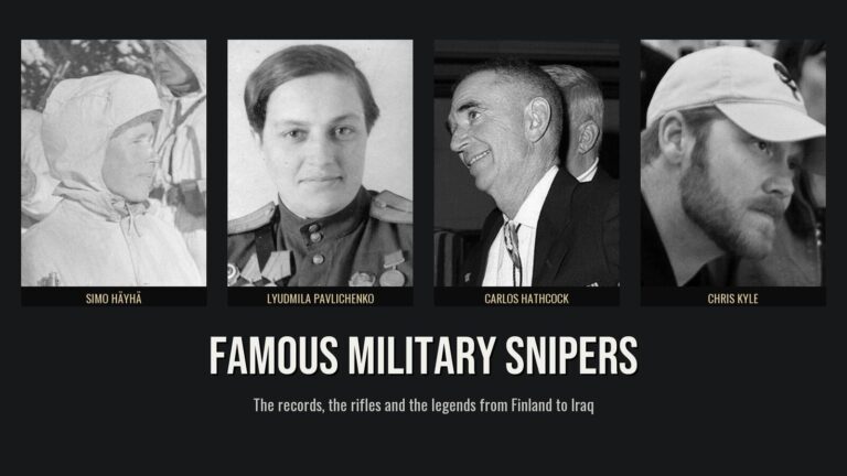Famous military snipers Simo Häyhä, Lyudmila Pavlichenko, Carlos Hathcock and Chris Kyle in four black-and-white portraits above the headline Famous Military Snipers
