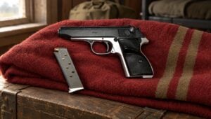 Hungarian FEG PA-63 surplus pistol with a polished aluminum frame on a red army blanket