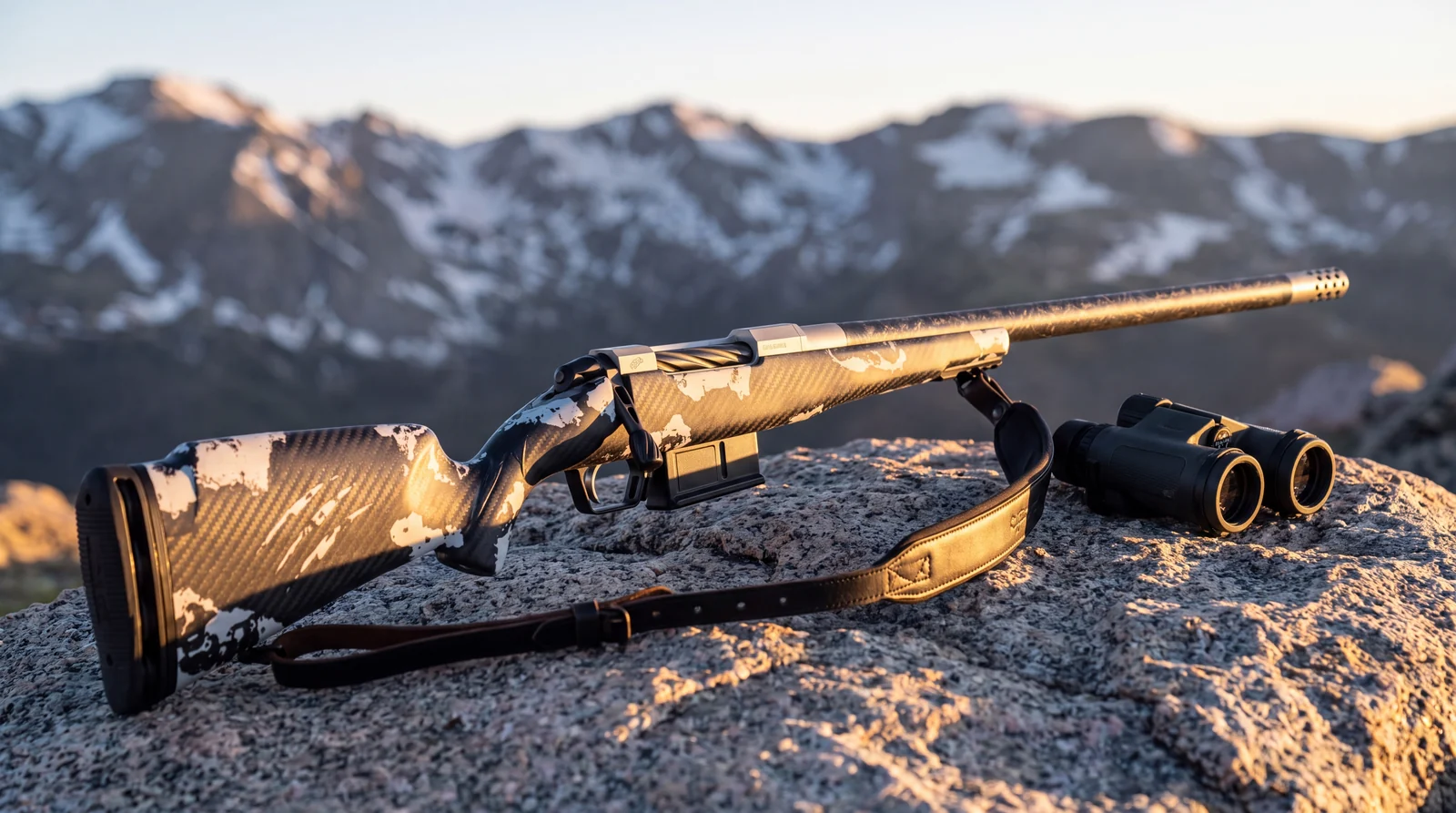Fierce Firearms Carbon Rogue XP rifle on a granite ledge at sunrise with snow dusted peaks behind