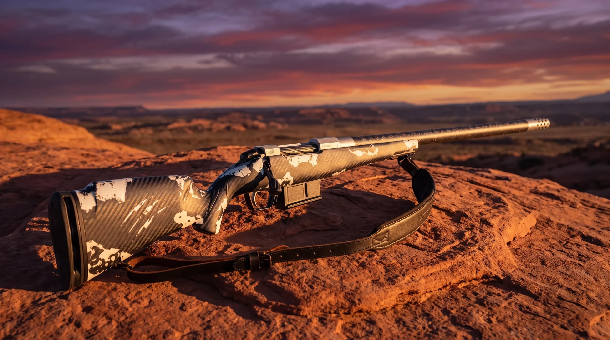 Fierce Carbon Rogue on red sandstone slickrock in the desert at dusk under a purple and orange sky