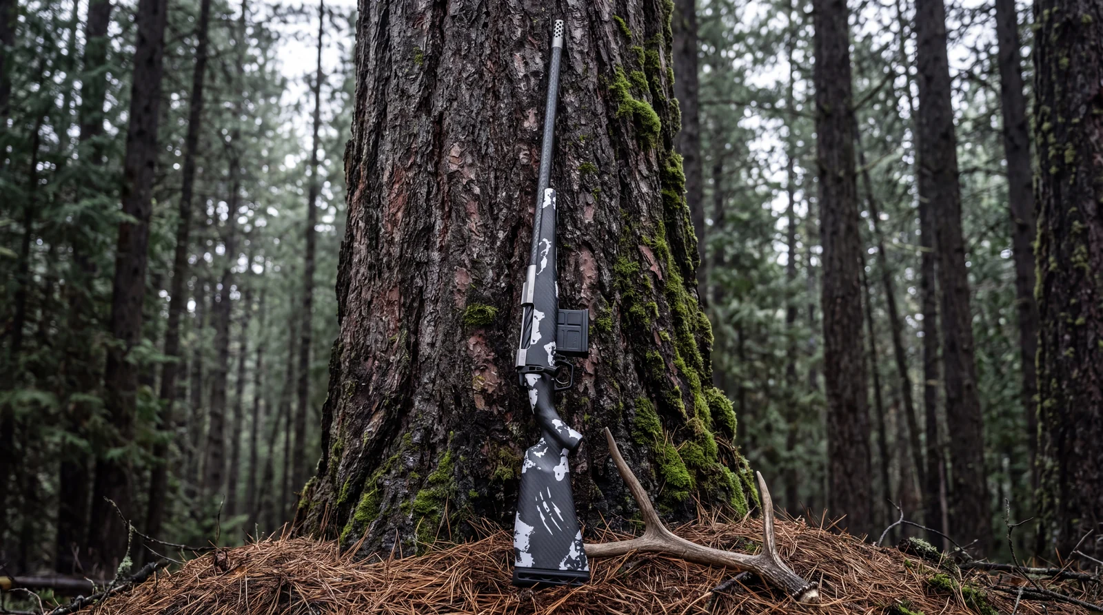 Fierce Firearms Carbon Rogue XP standing against a lodgepole pine in dark timber beside a shed elk antler