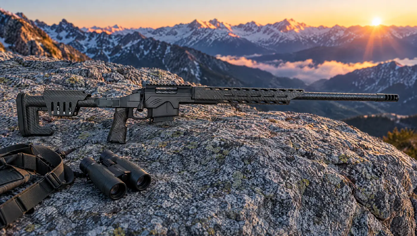 Fierce Reaper H-Tac bolt-action rifle with a black aluminum chassis, carbon fiber folding stock and carbon barrel on a granite boulder on a mountain ridge at sunrise beside binoculars