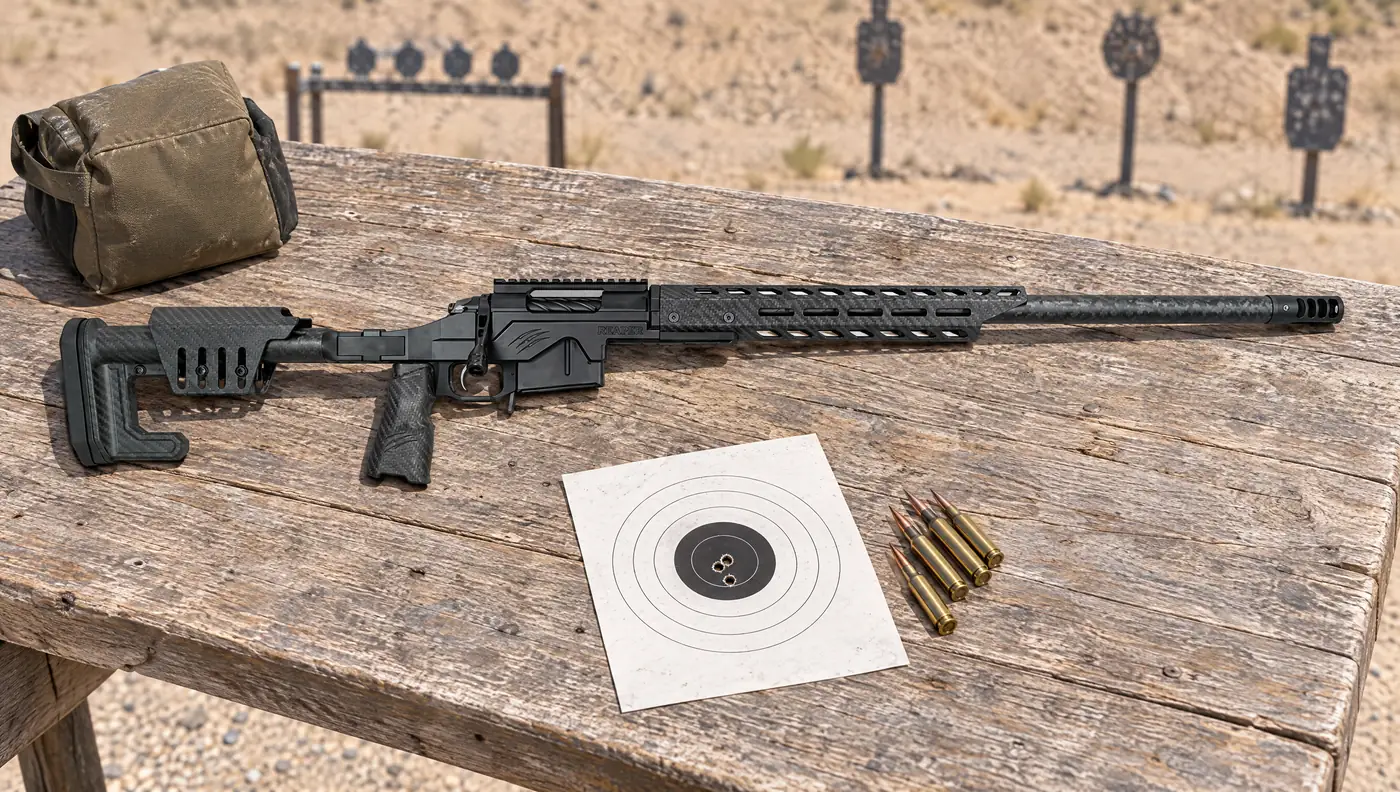 Fierce Reaper H-Tac chassis rifle on a wooden range bench beside a rear bag, a target with a tight group and loose 6.5 Creedmoor cartridges