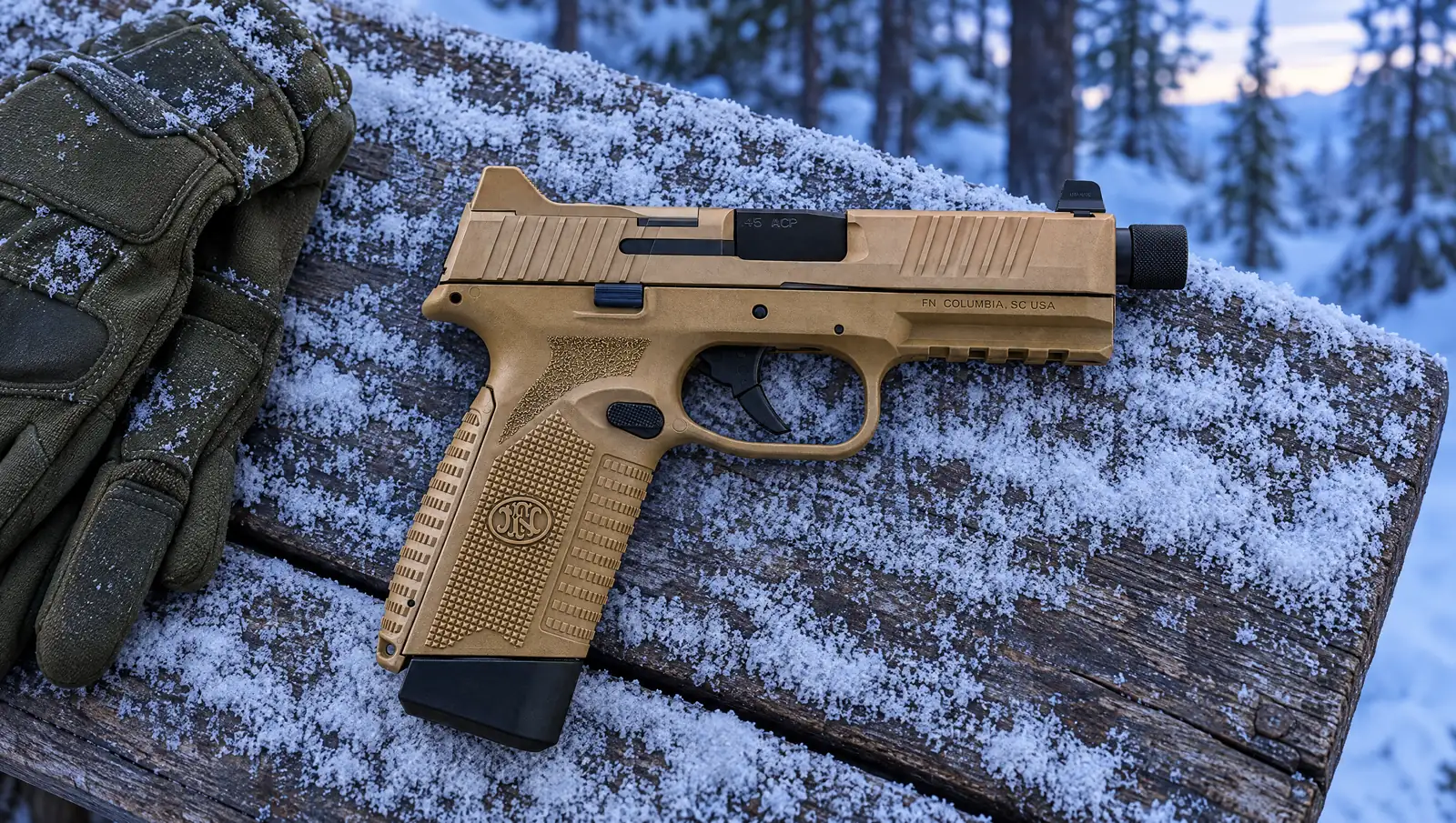 FN 545 Tactical .45 ACP pistol in flat dark earth with a threaded barrel lying on a snowy wooden bench in a pine forest at dawn