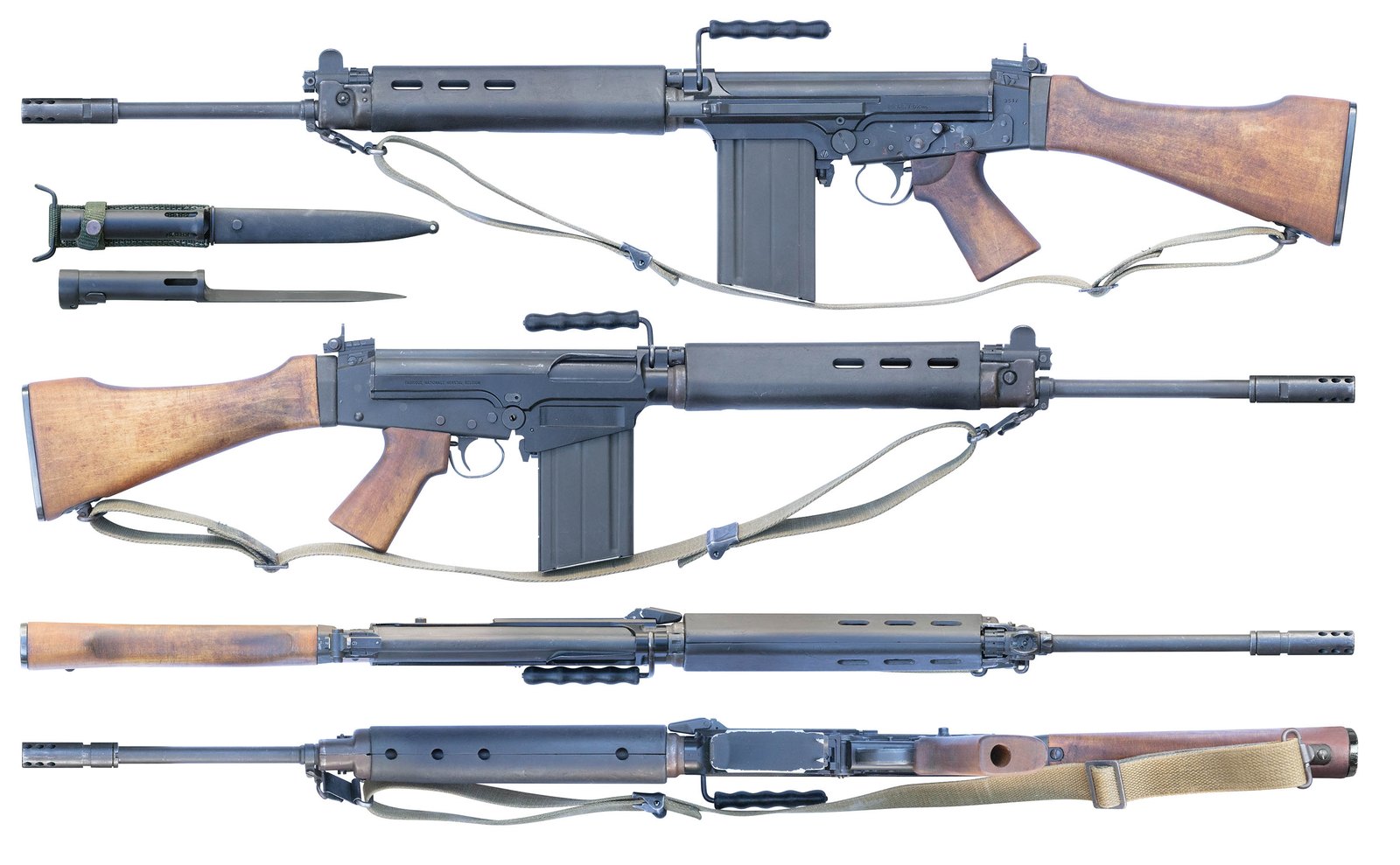 A metric-pattern FN FAL with wood furniture shown from both sides, the top and the bottom, with its bayonet