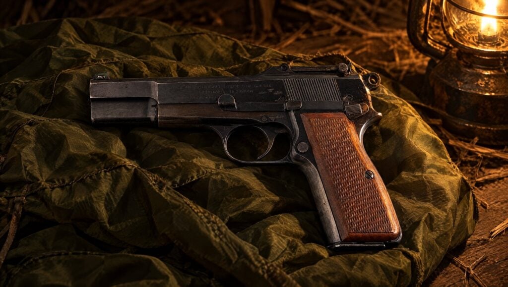 FN Browning Hi-Power military pistol on parachute silk in a barn lit by a hurricane lamp