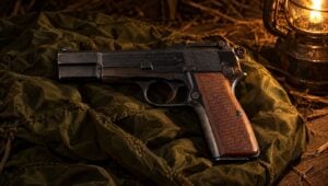 FN Browning Hi-Power military pistol on parachute silk in a barn lit by a hurricane lamp