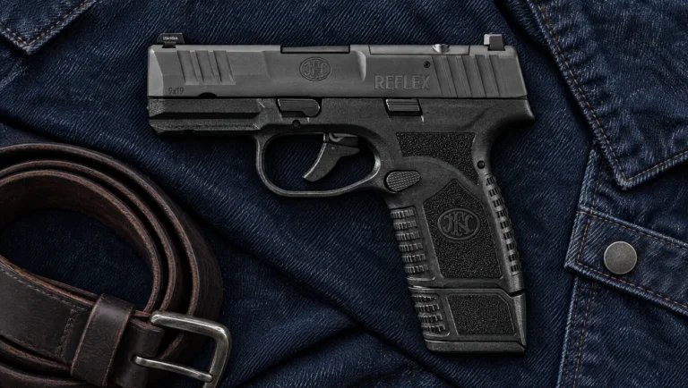 FN Reflex MRD 9mm micro compact pistol on a dark denim jacket beside a leather belt