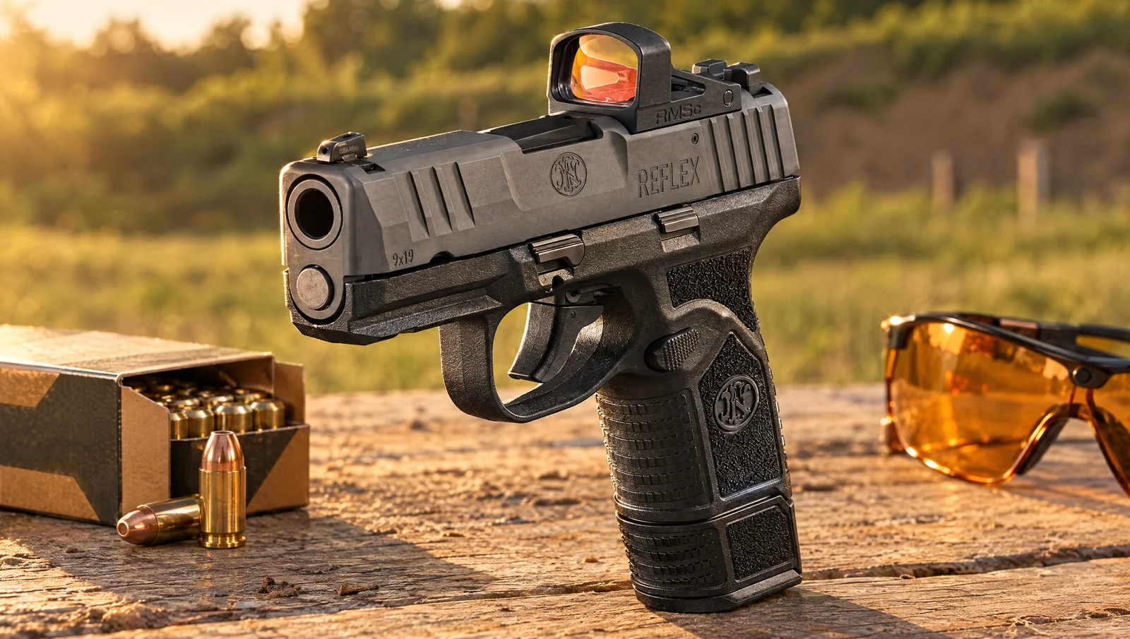 FN Reflex MRD with a Shield RMSc red dot on a wooden range bench beside a box of 9mm cartridges and amber shooting glasses