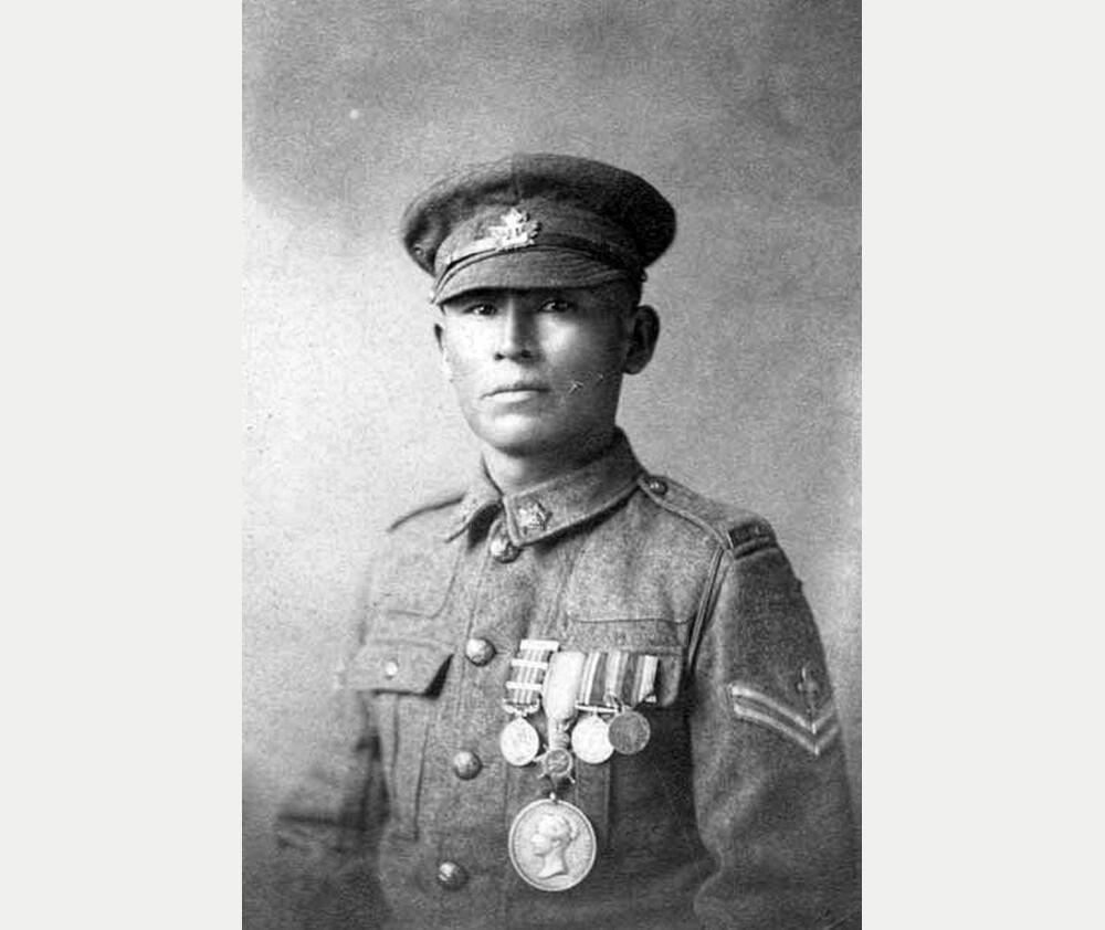 Canadian sniper Francis Pegahmagabow in uniform with his Military Medal and bars, 1919