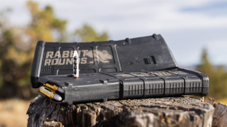 Franklin Armory Rabbit Rounds 5.56 projectile cut open to show four lead BBs, standing on a loaded AR magazine