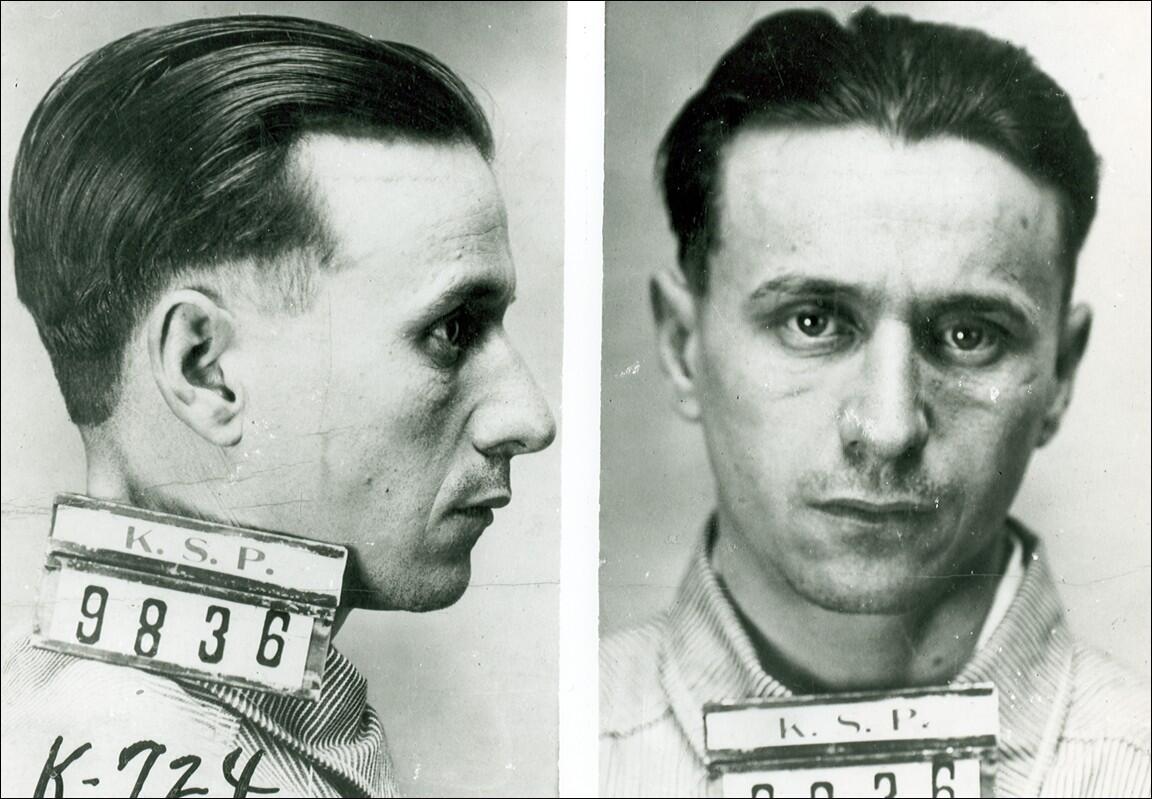 Profile and front Kansas State Penitentiary mug shot of Fred Barker