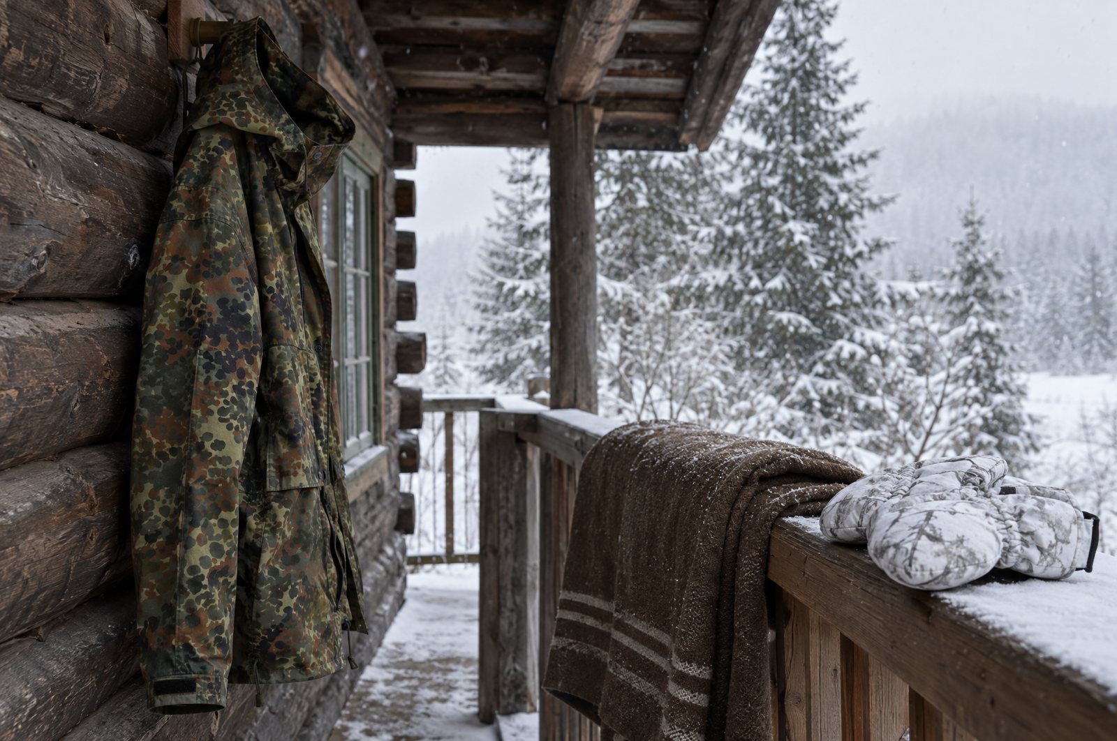 German flecktarn camouflage parka hanging on a snowy cabin porch next to a brown Swiss army wool blanket and white snow overmittens