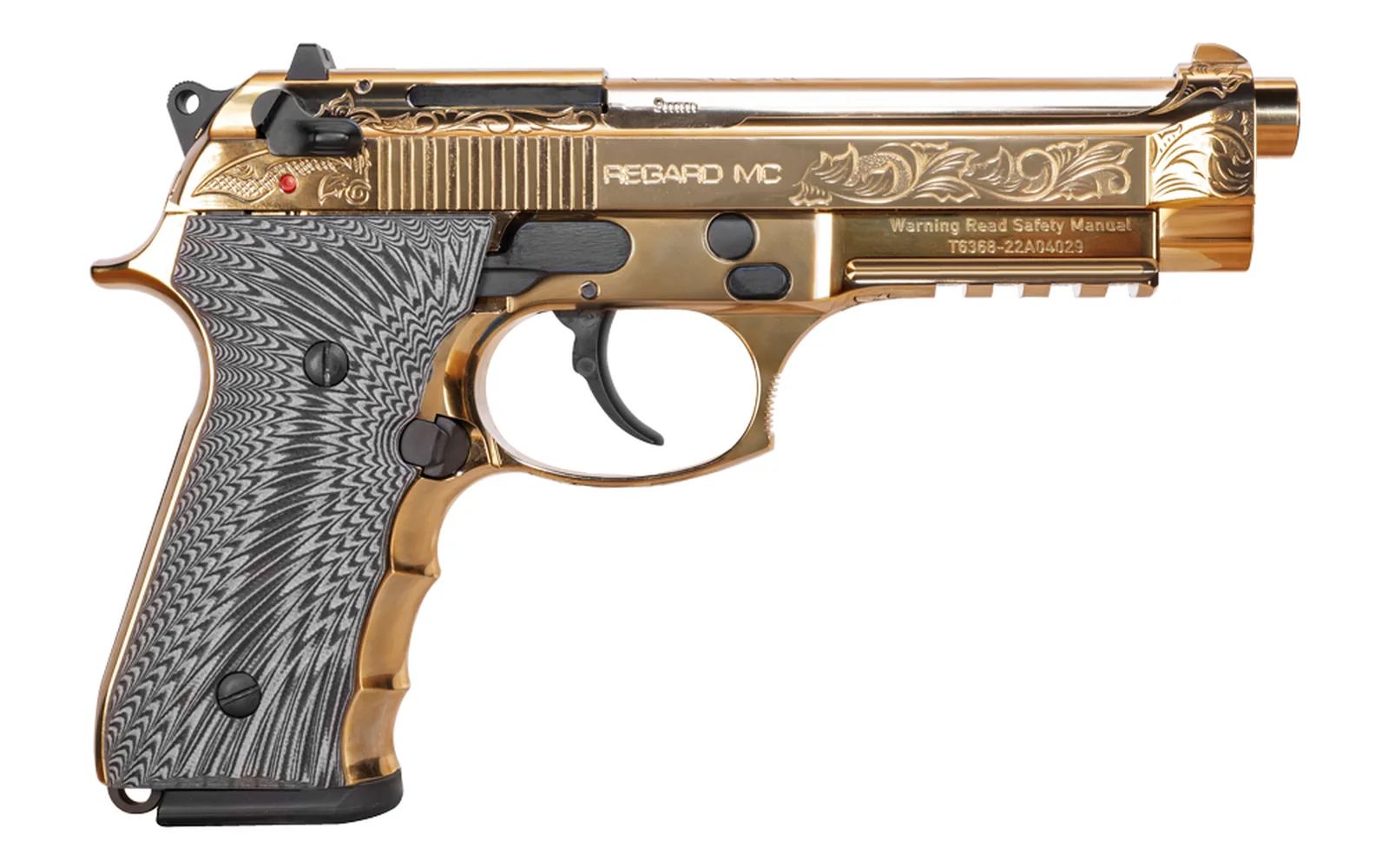Girsan Regard MC Deluxe 390088 with engraved gold finish and gray grips, studio photo