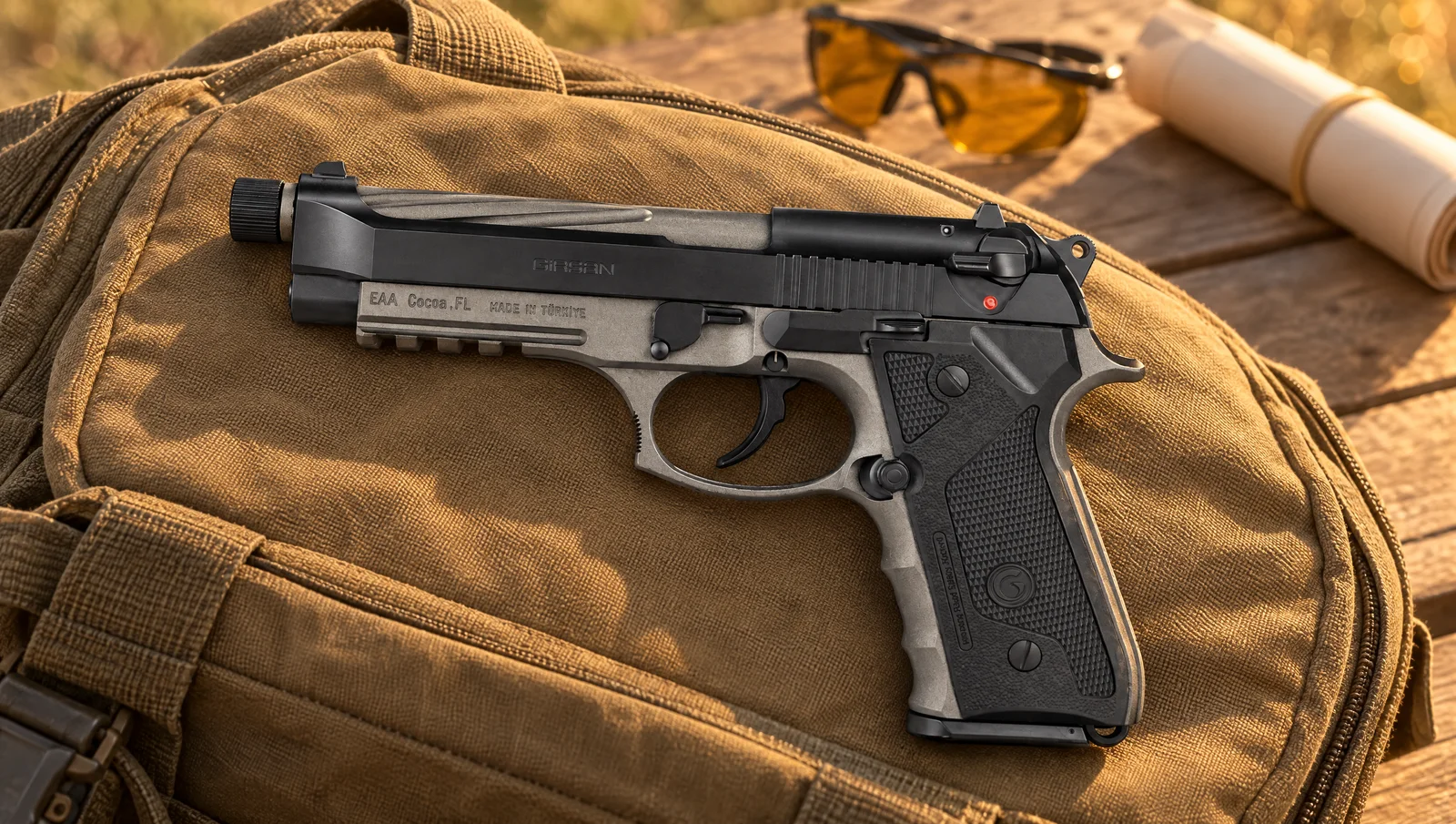 Left side of a Girsan Regard MC X 9mm marked EAA Cocoa FL and Made in Turkiye, resting on a canvas range bag in golden evening light