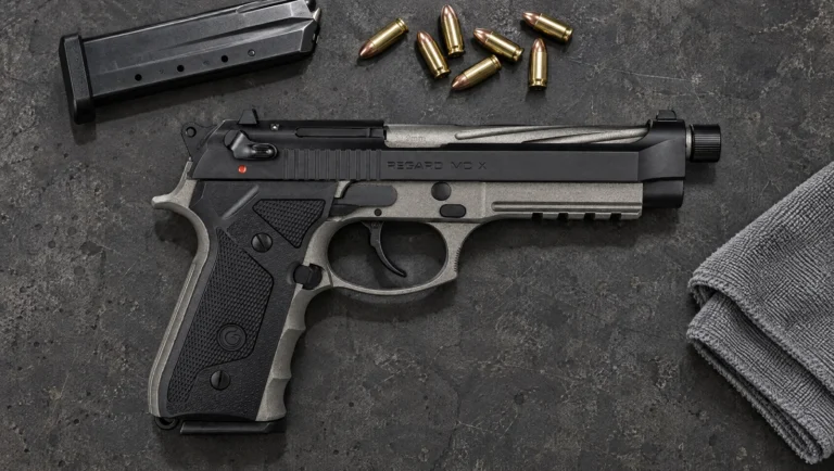Girsan Regard MC X 9mm pistol with tungsten frame and threaded barrel lying on a concrete workbench beside a spare magazine and 9mm cartridges