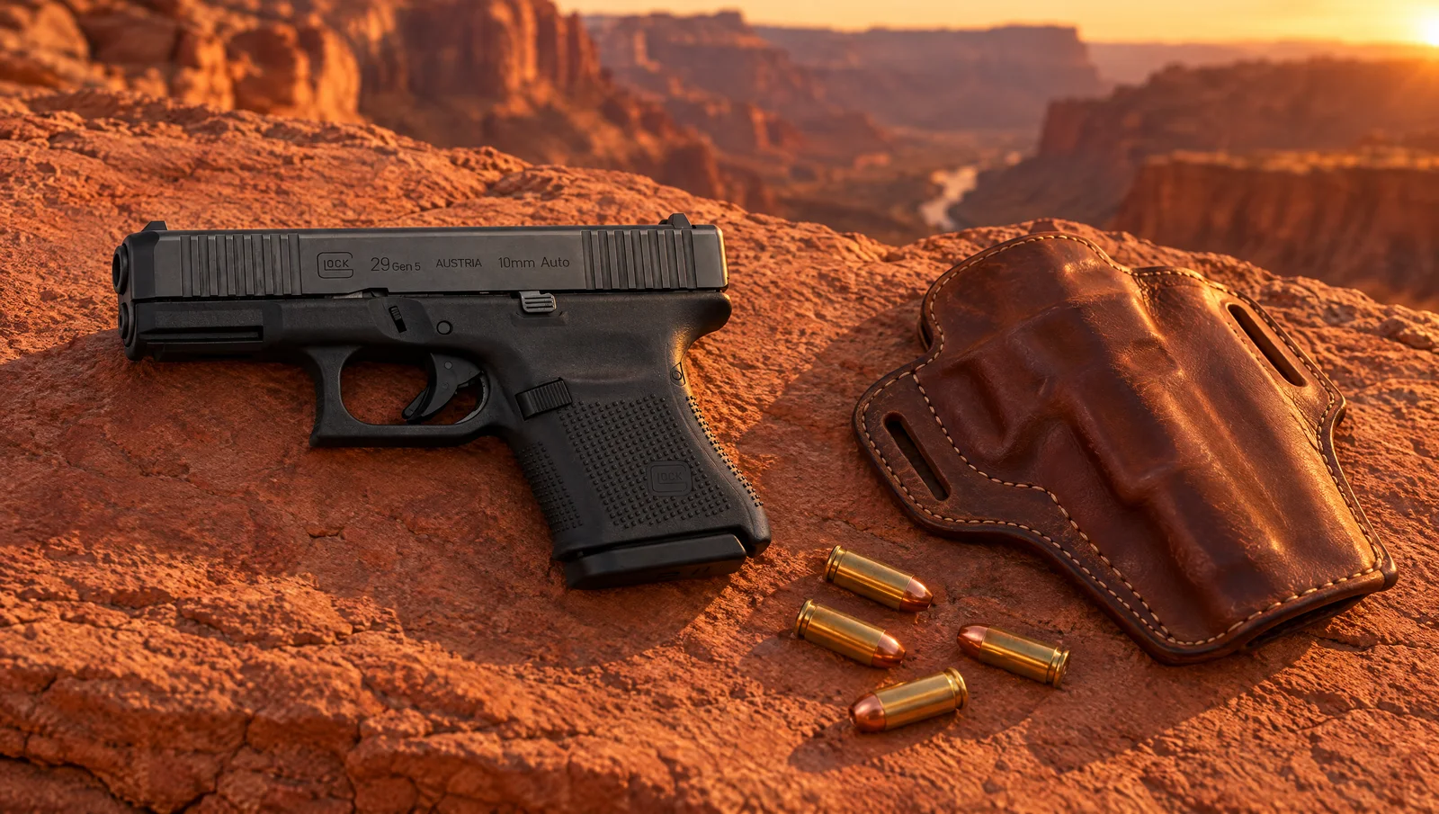 Glock 29 Gen5 10mm subcompact pistol lying on red sandstone in a desert canyon at sunset beside a leather belt holster and four 10mm cartridges