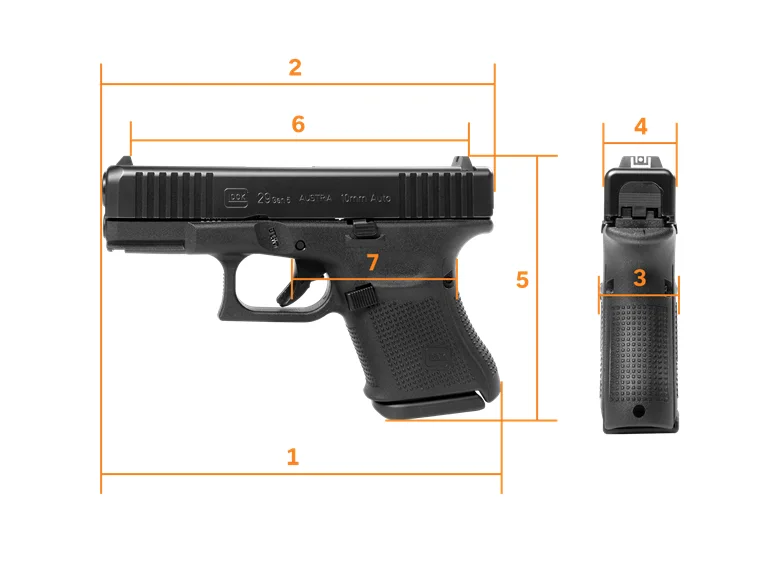 Glock's dimension diagram of the Glock 29 Gen5 with numbered lines for overall length, slide length, width, height, sight radius and trigger distance