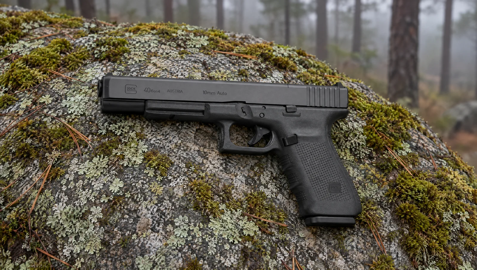 Glock 40 Gen4 MOS 10mm pistol lying on a moss and lichen covered granite boulder in a misty pine forest