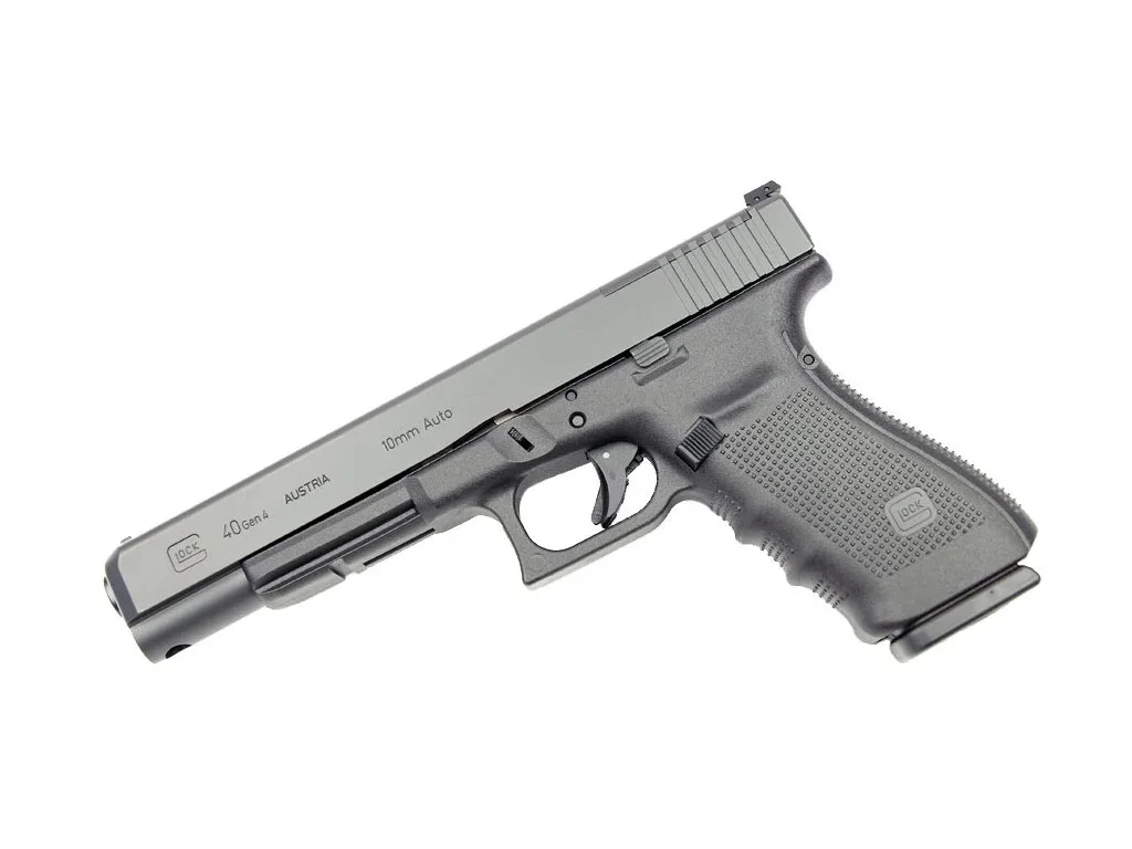 Three-quarter view of the Glock 40 Gen4 MOS showing its 9.02 inch long slide and 10mm Auto slide markings