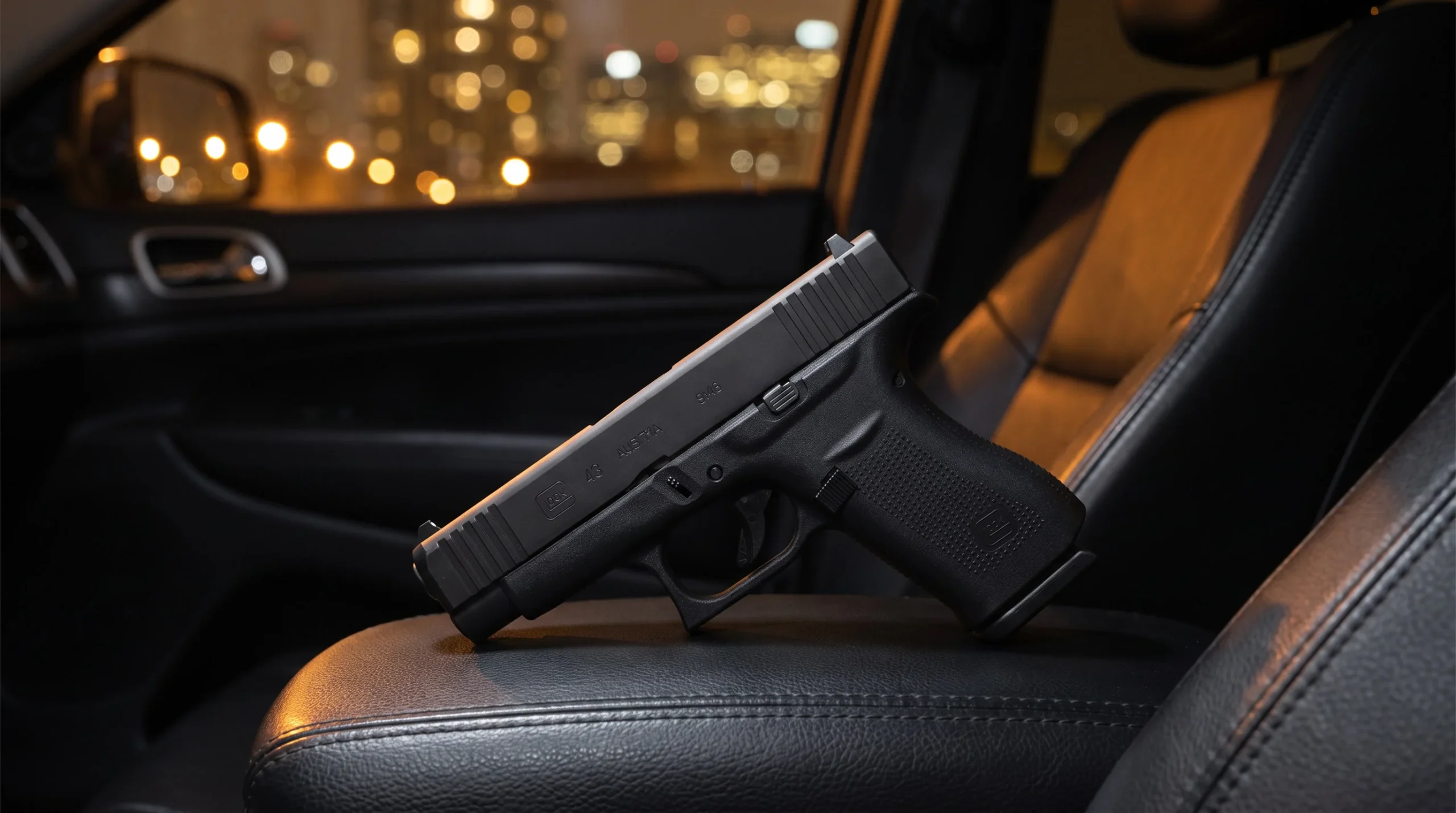 Glock 48 pistol on a matte black leather car seat in a dim car interior with city light bokeh through the window at night