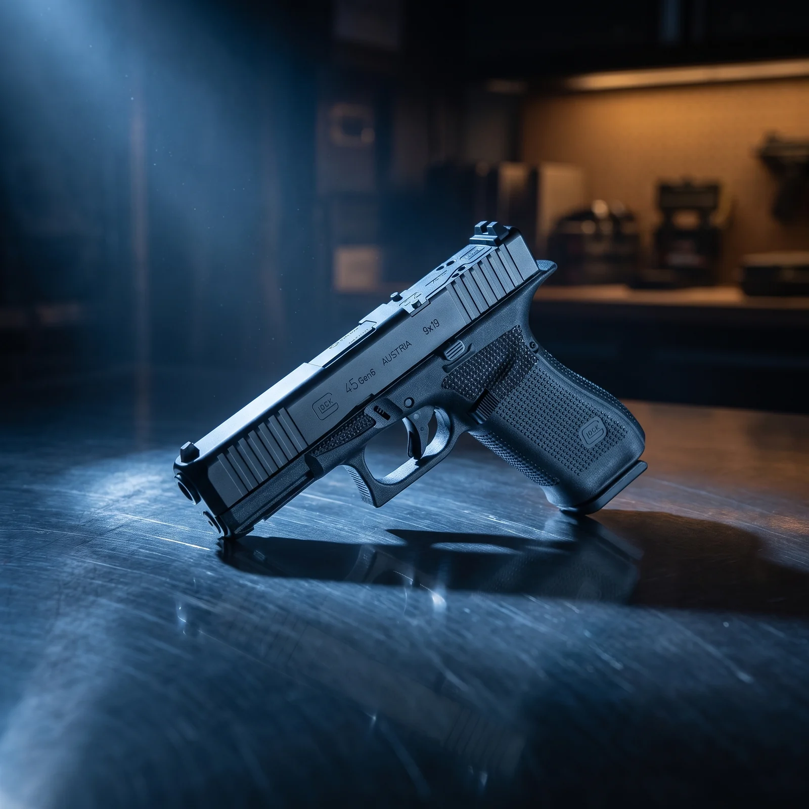 Glock 45 Gen 6 pistol on a steel armoury counter, one of the models available through the Glock Blue Label program