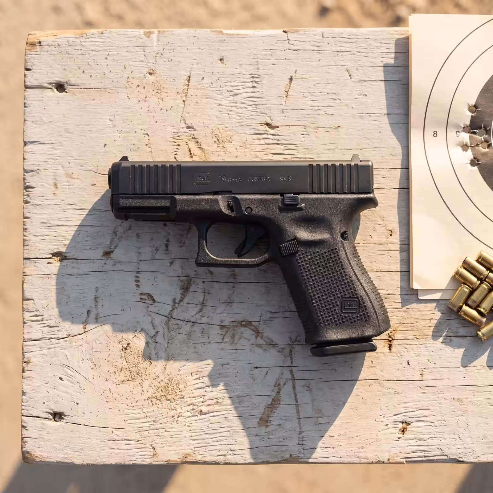 Glock 19 Gen 6 on a range bench with spent brass and a paper target, the model most often cross-shopped against Blue Label pricing